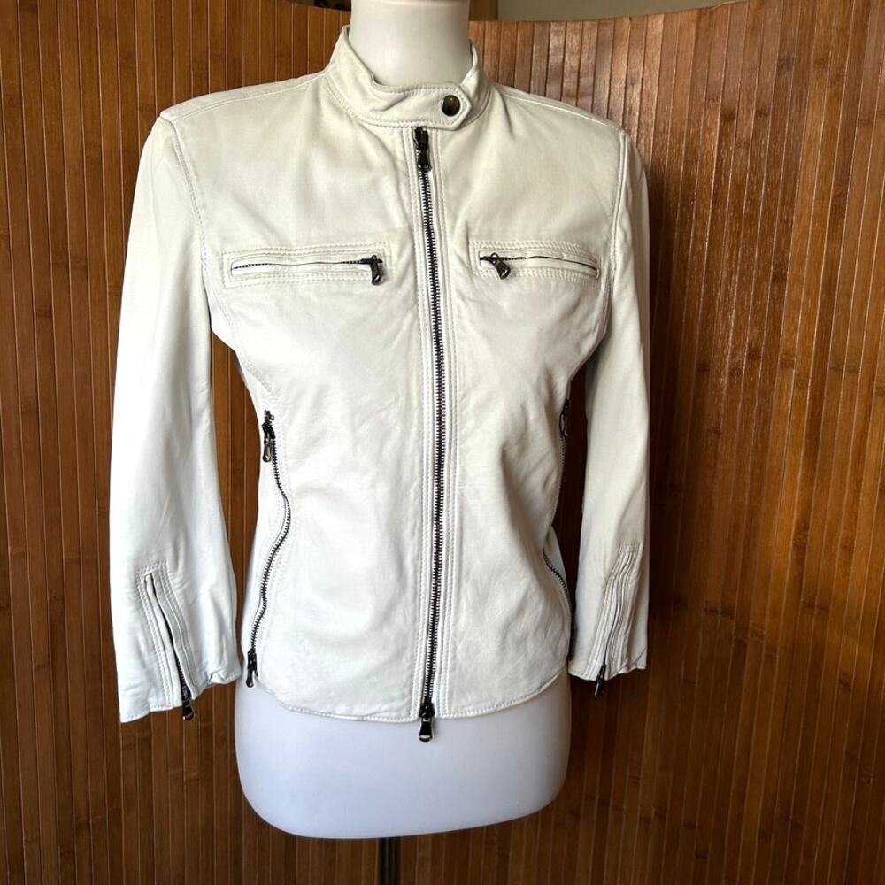 R13 Cafe Racer White Lambskin Leather Jacket 3/4 Sleeve Made in Italy M